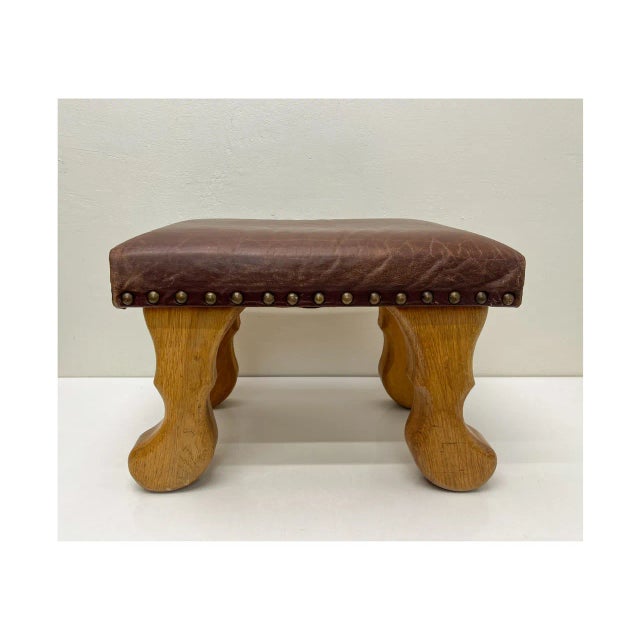 Brown White Oak Wood and Leather Stool, 1970s For Sale - Image 8 of 8
