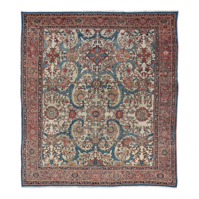 Antique Persian Sultanabad Rug in Ivory Background, Blue, Salmon & Multi Colors For Sale