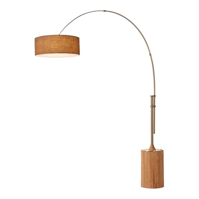 1980s Tambo Mid Century Modern Brass Floor Lamps - Burlap Shade, Light Wood Base, Weathered Brass, Dimmable For Sale