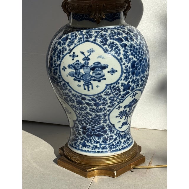 19c. Chinese Blue and White Lamp With Custom Shade For Sale - Image 4 of 18