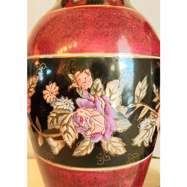 Ruby Red 1980s Wescal Lamp Company Burgandy and Black Chinoiserie Table Lamps Set of Two W/ Imperial Pagoda Shades For Sale - Image 8 of 17