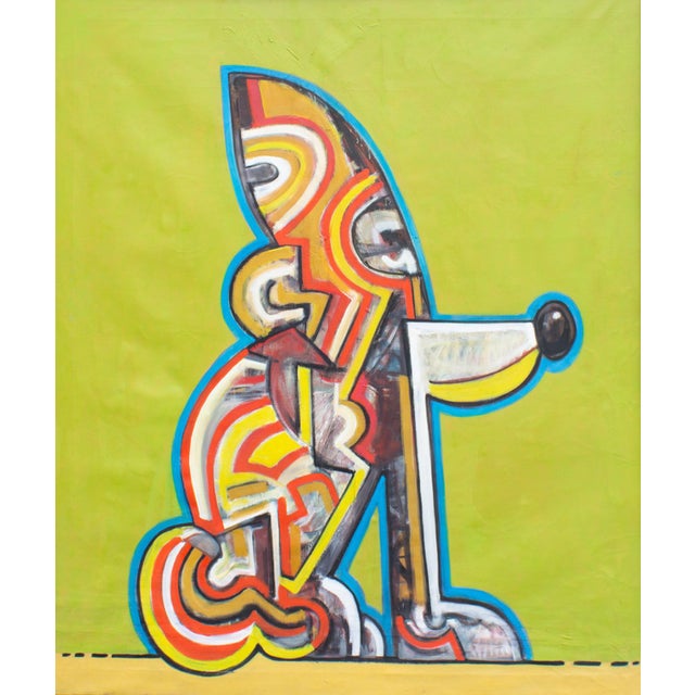 An abstract oil on canvas painting of a dog by the American artist James L. Bruch (1942-2023). An abstract, cartoon-style...