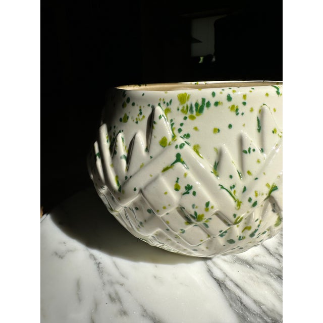 1970s Green Splatter-Ware Geometric White Planter Vase For Sale - Image 6 of 12