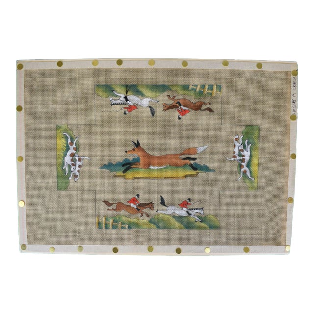 Late 20th Century Hand-Painted Fox-Hunt Scene Needlepoint Canvas For Sale