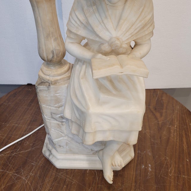 Early 20th Century Art Nouveau Girl Reading Table Lamp in Alabaster, Italy, 1920s For Sale - Image 12 of 18