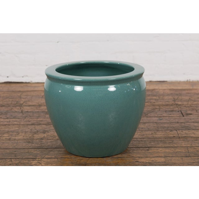 Mid Century Teal Garden Planter with Circular Opening & Tapering Lines For Sale - Image 12 of 12