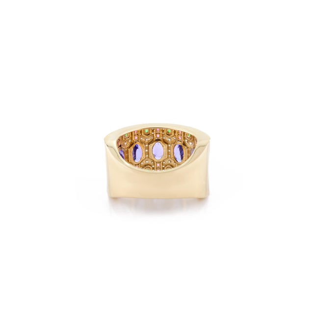 Gold Stately 14k Solid Gold Wide Band With Multi Gem Contemporary Ring Size 7 For Sale - Image 8 of 12