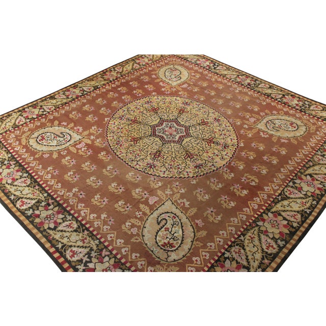 Rug & Kilim 19th Century Antique Aubusson Flatweave Rug, Brown, Pink, Gold Medallion Pattern For Sale - Image 4 of 6
