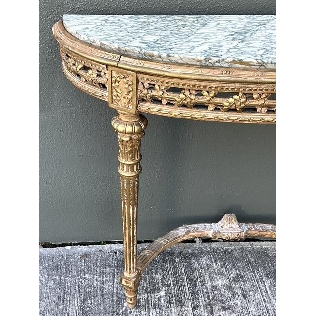 Vintage French Giltwood Marble Top Demilune Console Tables - A Pair For Sale In West Palm - Image 6 of 12