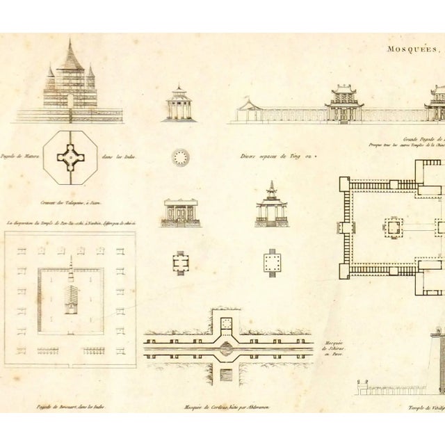 Antique copper engraving depicting Mosques and Pagodas for the Recueil des Edifices by Durand, circa 1800. Historically...