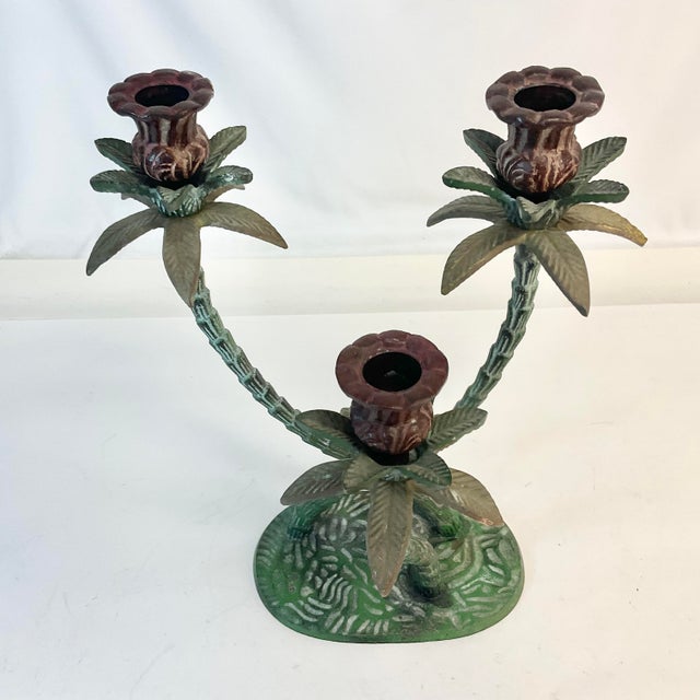 Metal 1970s Vintage Coastal Boho Chic Tole Palm Tree 3-Arm Candelabra. For Sale - Image 7 of 11