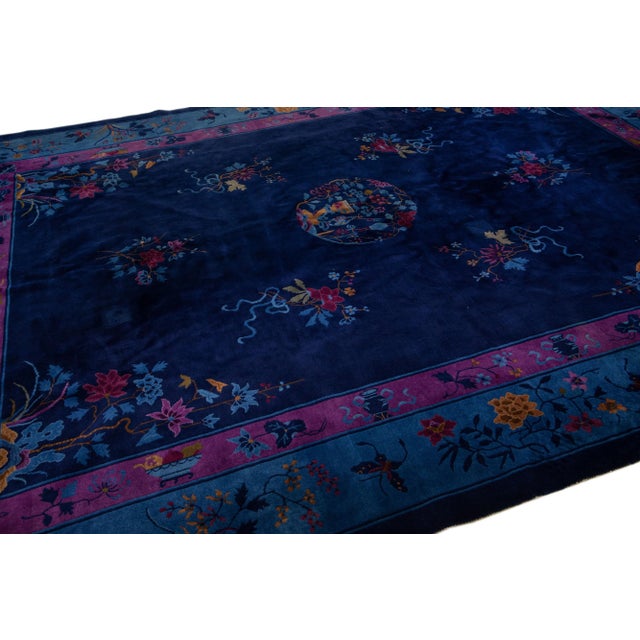 1920s Navy Blue Antique Chinese Art Deco Handmade Wool Rug With Floral Design For Sale In New York - Image 6 of 7
