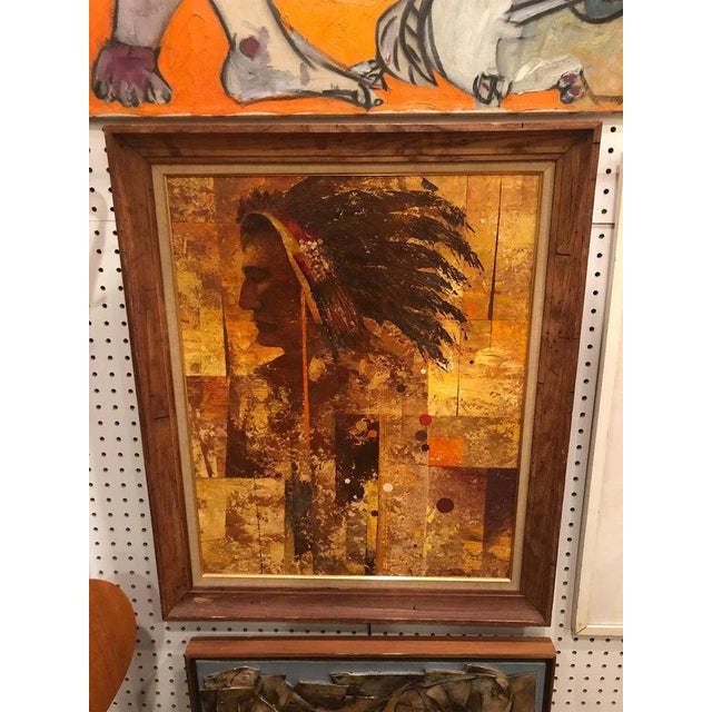 1970s Mid Century Oil on Board of an Indian Warrior For Sale - Image 11 of 13
