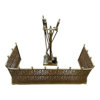 Vintage 19th Century English 5-Piece Ornate Brass Pierced Fireplace Fender and Tool Companion Set For Sale