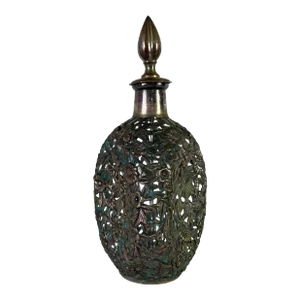 Antique Chinese Export Decanter & Stopper With Silver Overlay