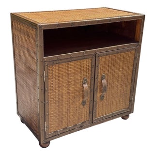 Vintage Campaign Style Woven Rattan Console Cabinet For Sale