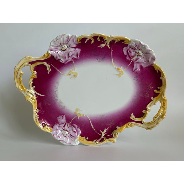 Art Nouveau Antique Weimar Germany Porcelain Tray Raspberry Magenta Ground Gilt Floral For Sale - Image 3 of 11