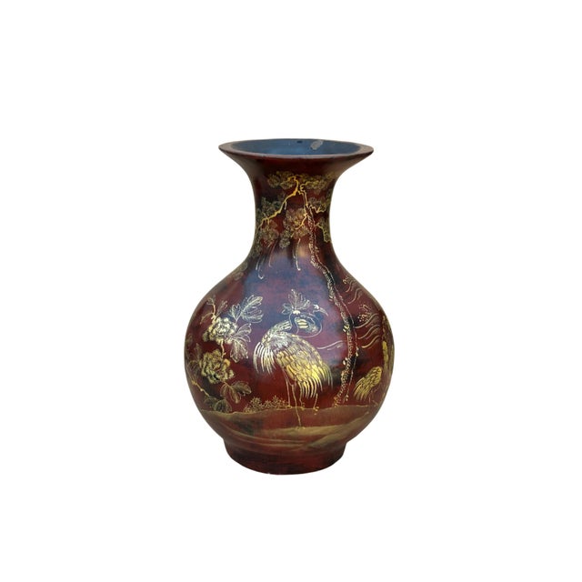 1980s Chinese Brown Lacquer Golden Scenery Decorative Wood Vase Art For Sale - Image 5 of 16