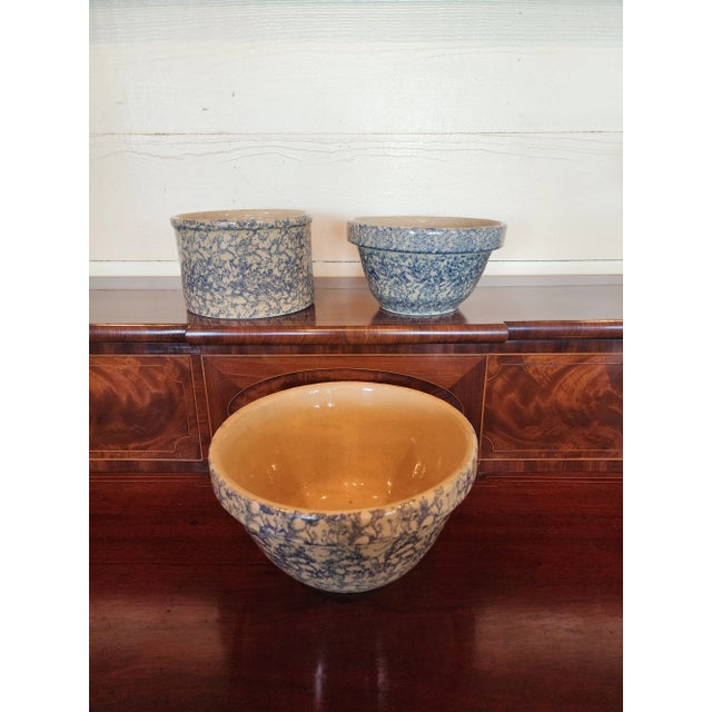 American Three Vintage Roseville Robinson Ransbottom Blue Sponngeware Bowls For Sale - Image 3 of 7