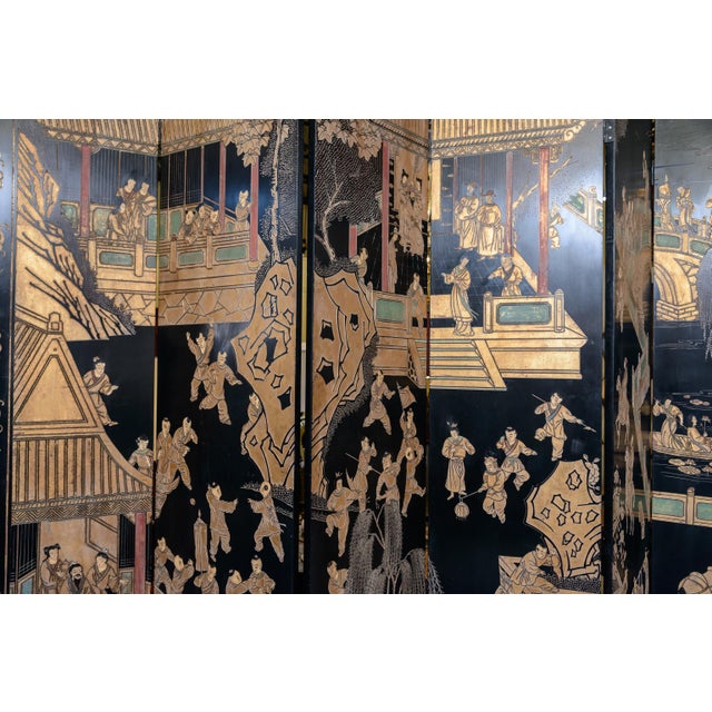 Black Eight Panel Black Oriental Screen For Sale - Image 8 of 10