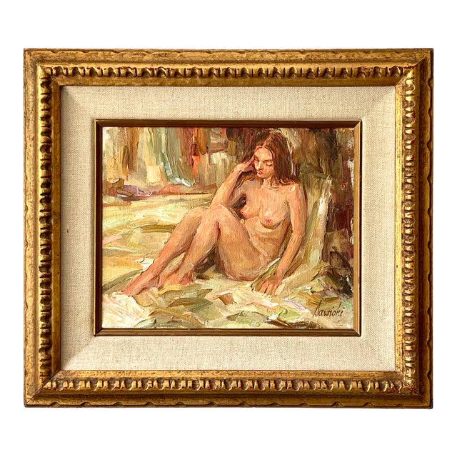 Vintage Nude Oil Painting in Dappled Impasto Framed For Sale