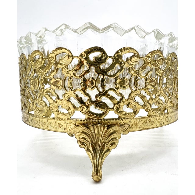 Vintage Hollywood Regency Gold-Tone Filigree & Glass Footed Dish — Candy / Nut Bowl / Vide Poche For Sale - Image 10 of 15