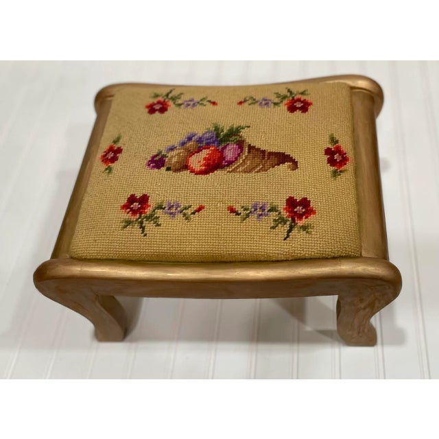 Late 19th Century Antique Victorian Cornucopia Needlepoint Footstool For Sale - Image 4 of 7