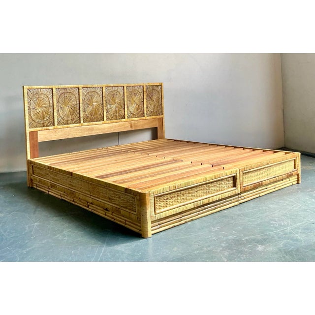 Vintage Coastal Sunburst Rattan King Platform Bed For Sale In West Palm - Image 6 of 8