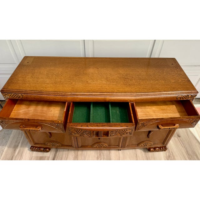 1920s Art Deco Carved Oak Sideboard Cabinet With Removable Gallery Top For Sale - Image 16 of 18