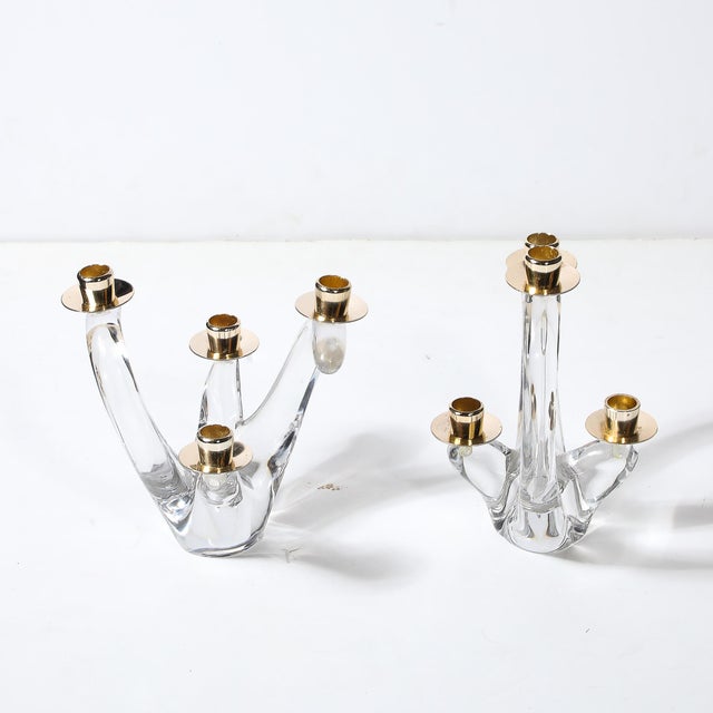 Pair of Mid-Century Amorphic Crystal & Brass 4 Arm Candelabras Signed Schneider For Sale - Image 9 of 15