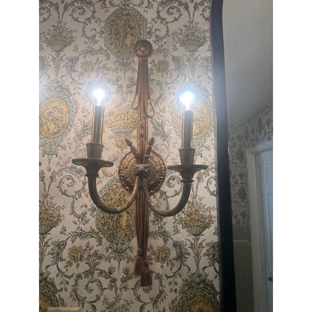 Vintage French Louis XVI Gilt Bronze Double-Arm Rope and Tassel Wall Sconces - a Pair For Sale - Image 12 of 13