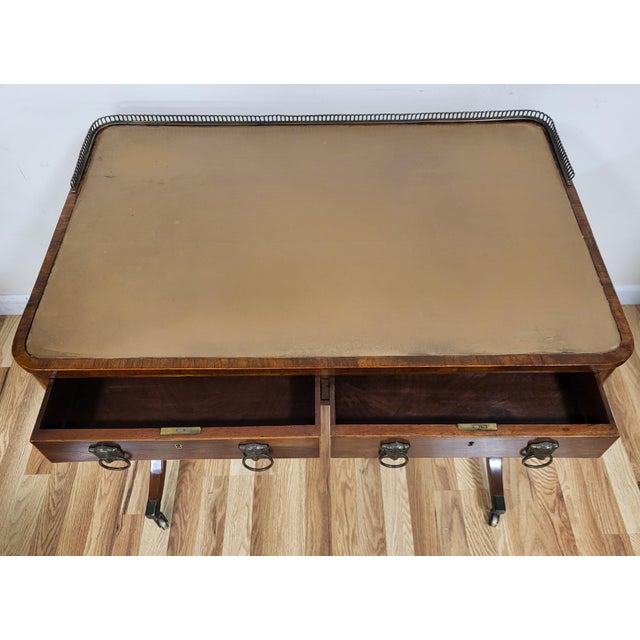19th C English Regency Rosewood Leather Top & Bronze Gallery Lady's Writing Desk For Sale - Image 11 of 18