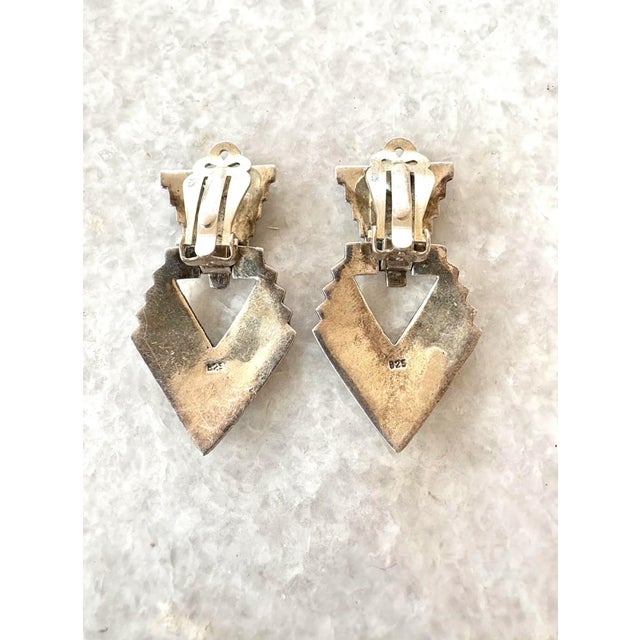 Vintage Art Deco Sterling Silver and Marcasite Gatsby Style Chevron Door Knocker Style Clip on Earrings, A Pair For Sale - Image 4 of 4