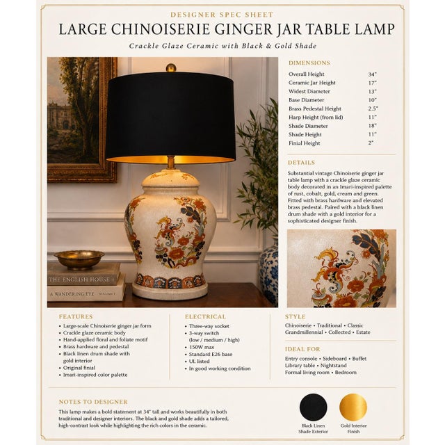 A substantial vintage Chinoiserie ginger jar table lamp featuring a richly detailed floral and foliate motif over a...