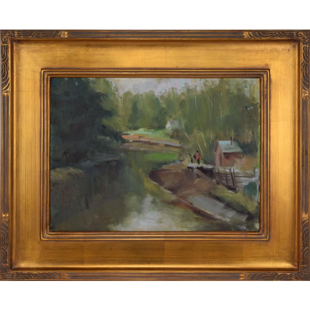 Green Vintage American Impressionist Landscape Oil Painting With Lake by Harry Barton For Sale - Image 8 of 8