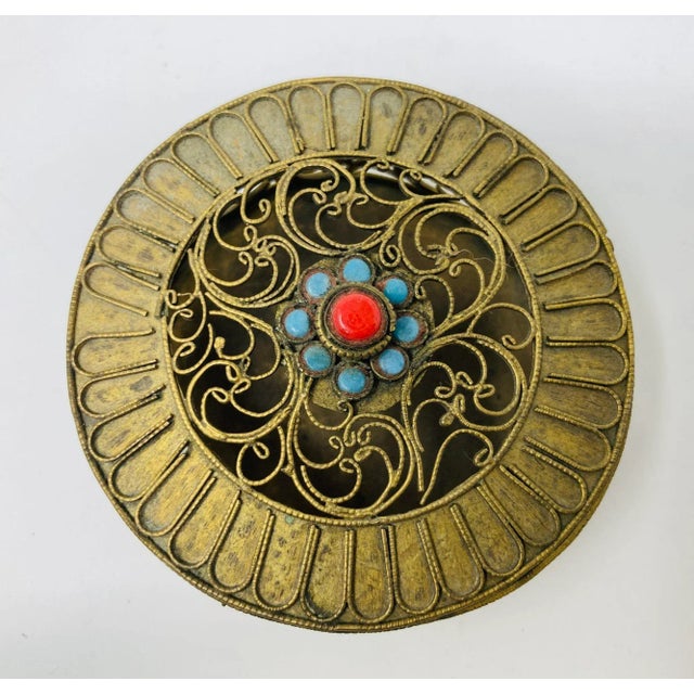 Collectible Chinese Tibetan Gilt Brass Metal Filigree with Turquoise and Coral beads round Box Handcrafted round Tibetan,...