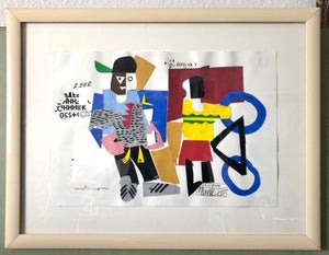 Loren Munk, Mixed Media Neo Expressionist Collage Painting African American Kids, Bicycle NY, 1985