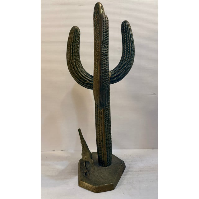 Brass Mid 20th Century Brass Saguaro Cactus and Roadrunner Statue For Sale - Image 8 of 9
