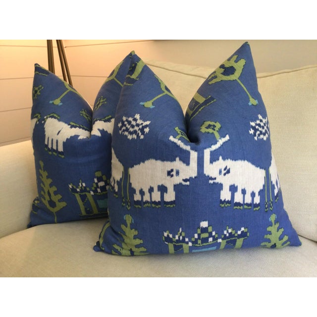 Thibaut Kingdom Parade in Cobalt Blue & Lime Green Down Filled Pillows- a Pair For Sale In Atlanta - Image 6 of 6