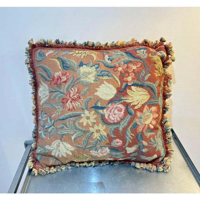 1980s Red Floral Needlepoint Fringed Down-Filled Pillow For Sale - Image 5 of 5