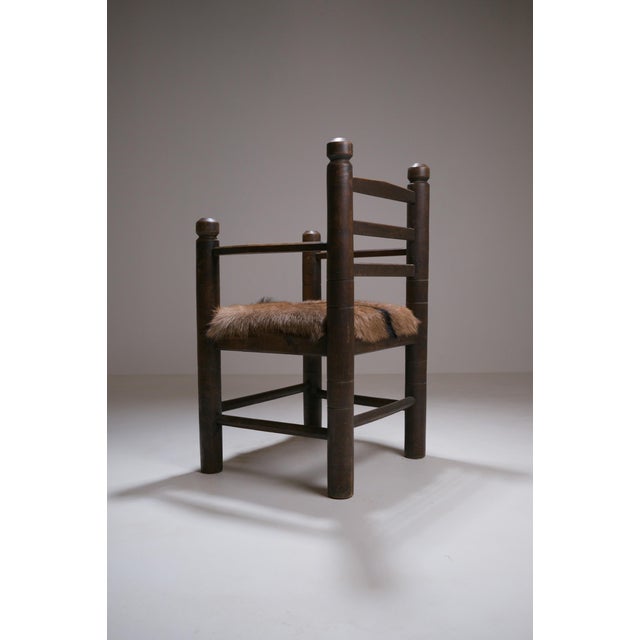 Rustic Modernist French Armchair in Stained Oak and Animal Hide, 1950 For Sale - Image 14 of 18