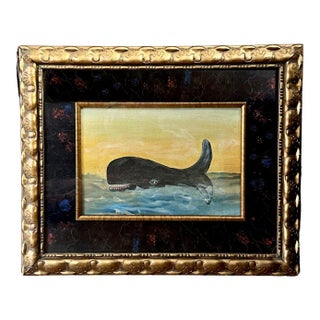 Framed Folk Art Watercolor of a Whale