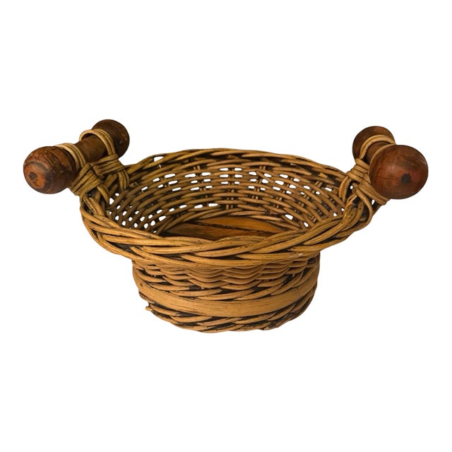 Vintage Wicker Basket With Turned Wood Double Ball Finial Handles - Boho Coastal Folk Art For Sale