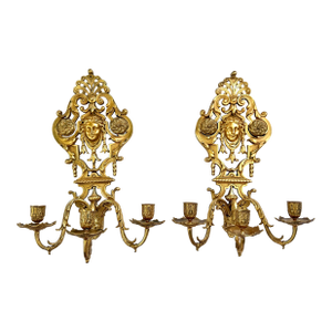 19th Century Pair of French Louis XVI Style Heavy Gilt Bronze 3 Arm Sconces