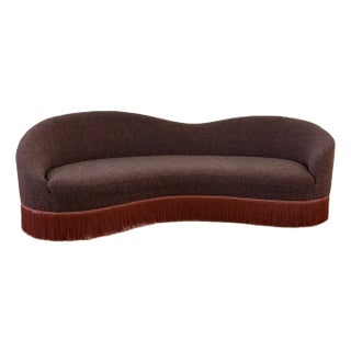 Crescent Mid Century Style Sofa With Fringed Hem. Newly Reupholstered in Maharam Fabric. For Sale