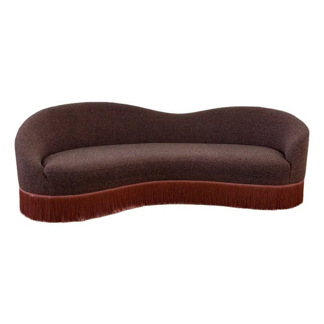 Crescent Mid Century Style Sofa With Fringed Hem. Newly Reupholstered in Maharam Fabric. For Sale
