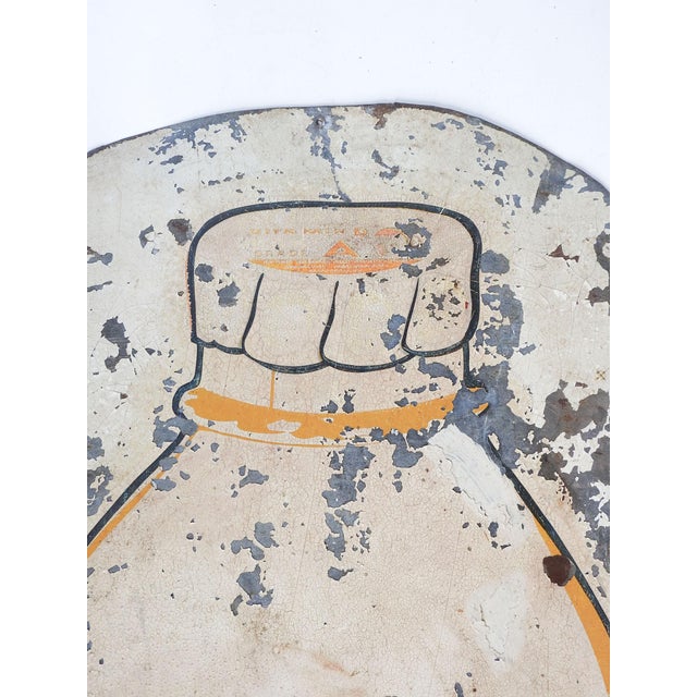 Vintage early 20th century distressed painted metal Metzger's Milk Bottle sign. Painted on one side of galvanized metal,...