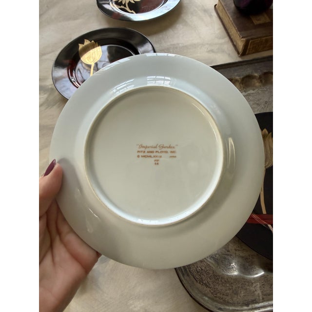 Fitz and Floyd Black Floral Salad Plates 1979 Vintage Porcelain 7.5 Inch - Set of 4 For Sale In Chicago - Image 6 of 11