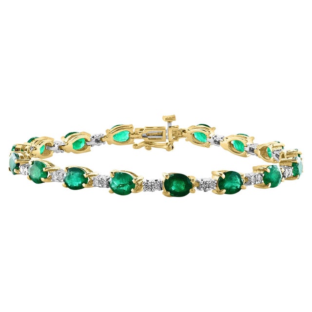 8 Ct Natural Brazilian Emerald and Diamond Tennis Bracelet 14 Karat Yellow Gold For Sale - Image 15 of 18