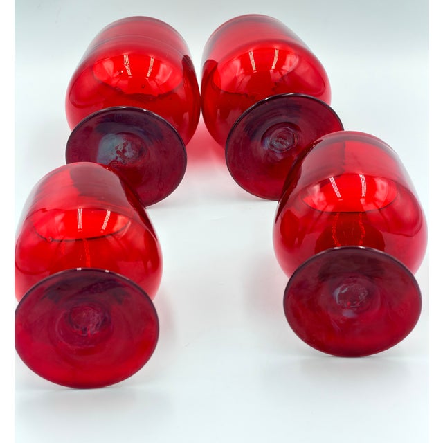 Red Vintage Blenko Hand Blown Red Brandy Art Glass Snifter 4pc Set For Sale - Image 8 of 8